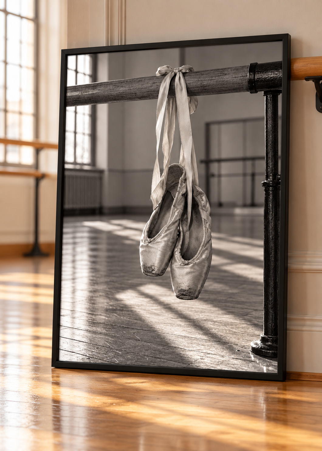 Getragene Spitzenschuhe an der Ballettstange – Schwarz-Weiß-Wandbild als Produktansicht.
