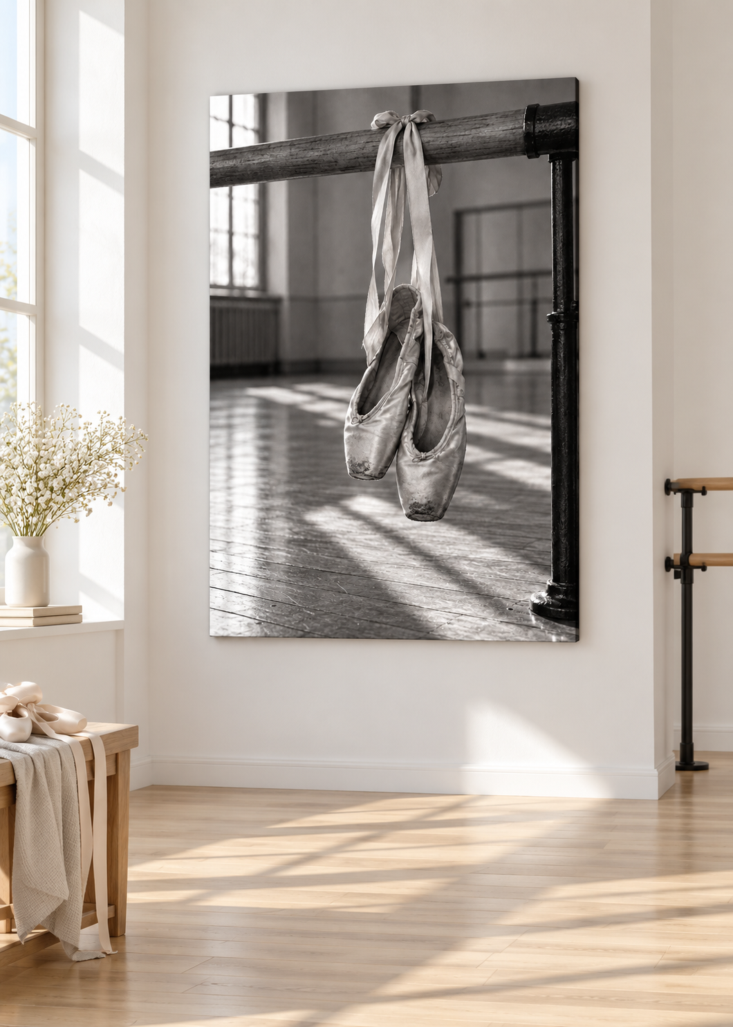 Getragene Spitzenschuhe an der Ballettstange – Schwarz-Weiß-Wandbild als Produktansicht.