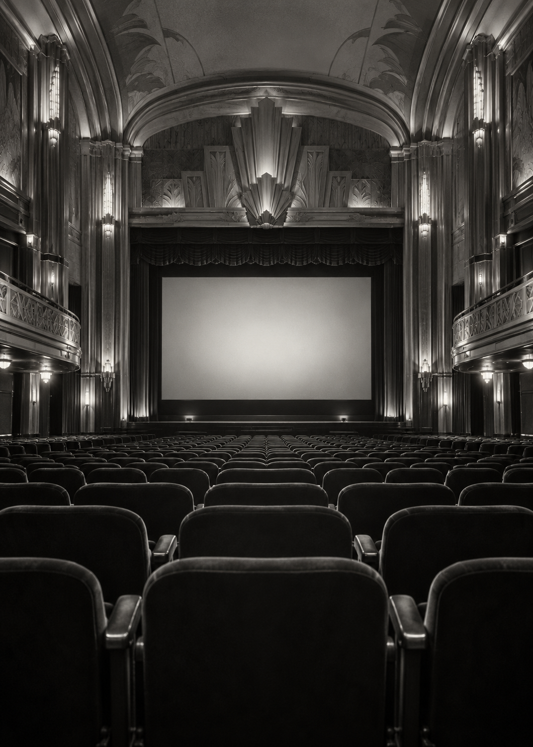 Leeres Art-déco-Kino in Schwarzweiß – Schwarz-Weiß-Wandbild.