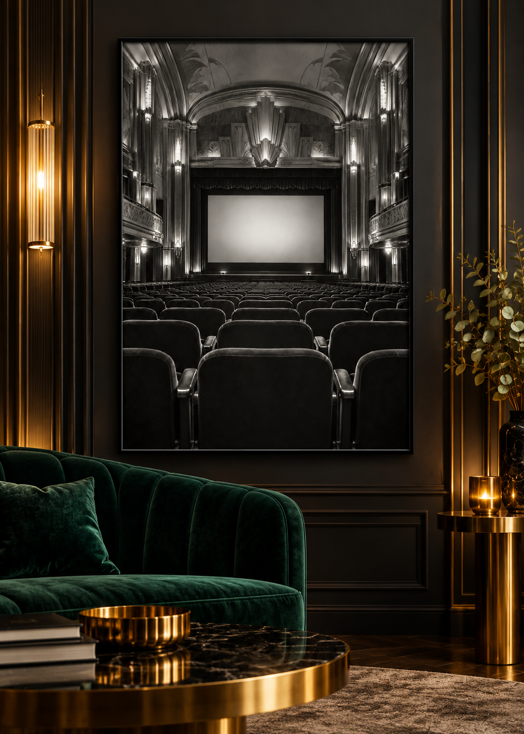 Leeres Art-déco-Kino in Schwarzweiß – Schwarz-Weiß-Wandbild als Produktansicht.