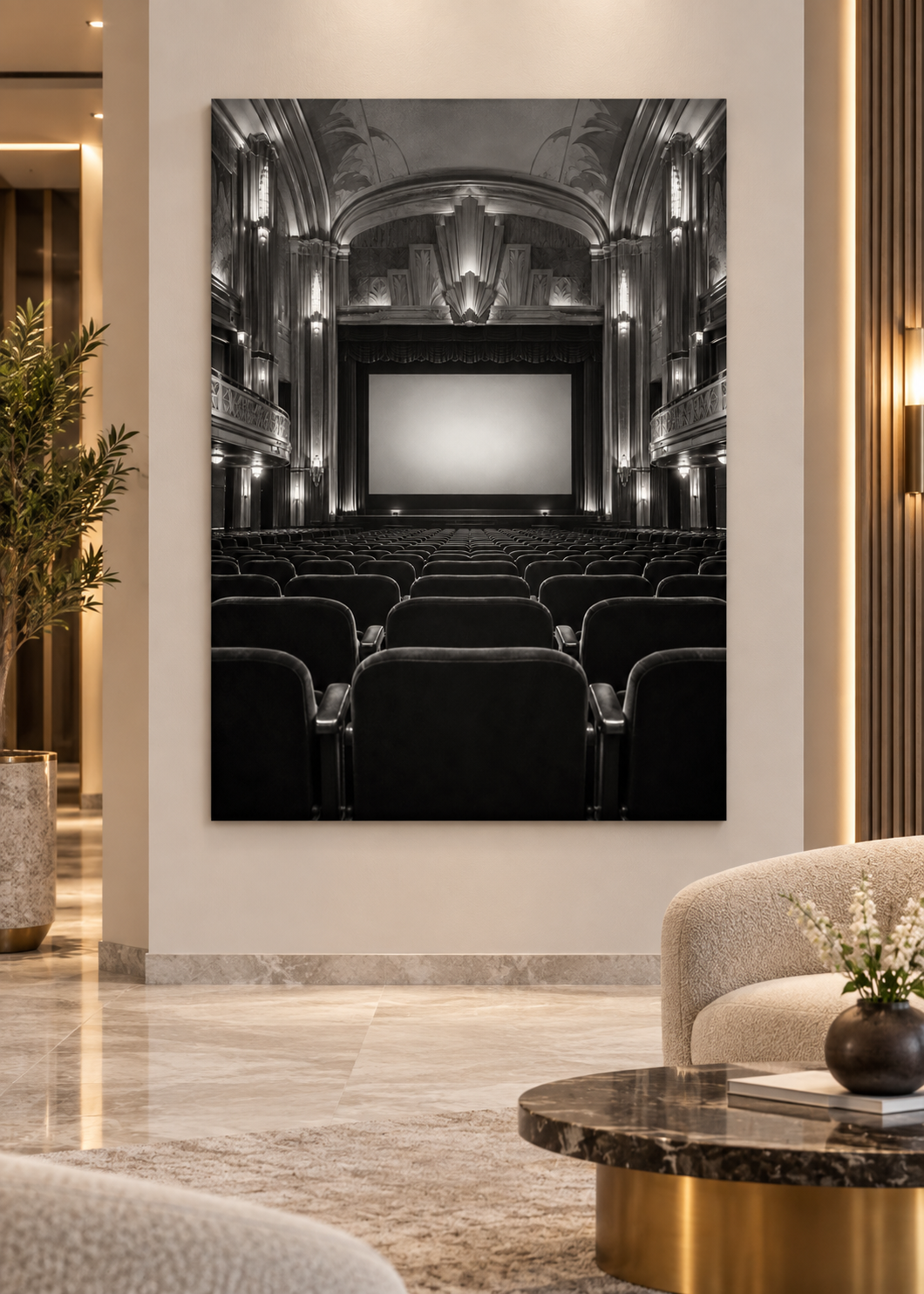Leeres Art-déco-Kino in Schwarzweiß – Schwarz-Weiß-Wandbild als Produktansicht.