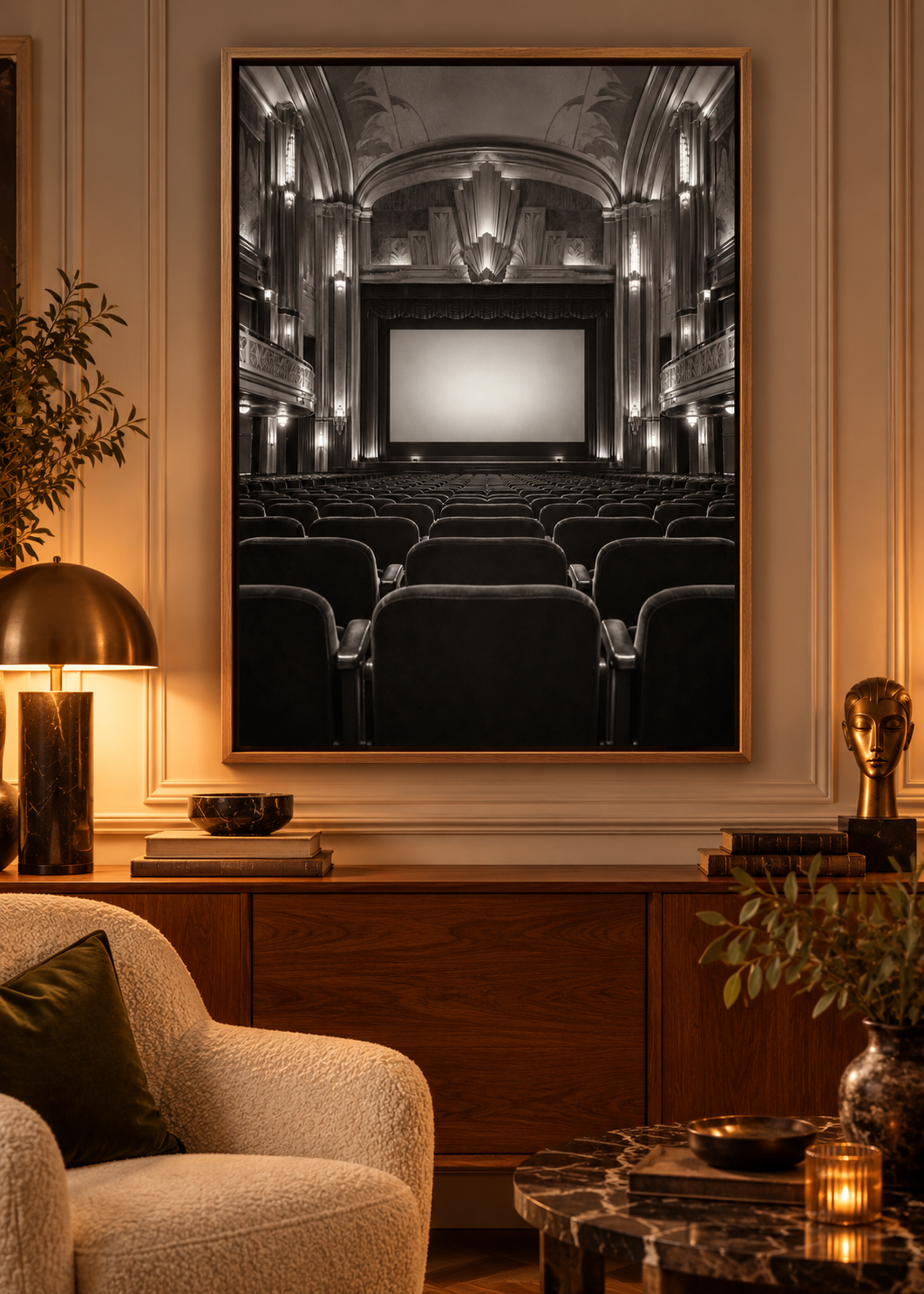 Leeres Art-déco-Kino in Schwarzweiß – Schwarz-Weiß-Wandbild als Produktansicht.