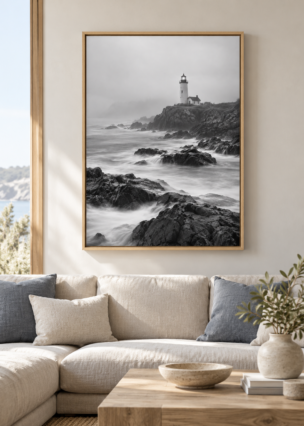 Leuchtturm im Morgennebel – Schwarz-Weiß-Wandbild als Produktansicht.