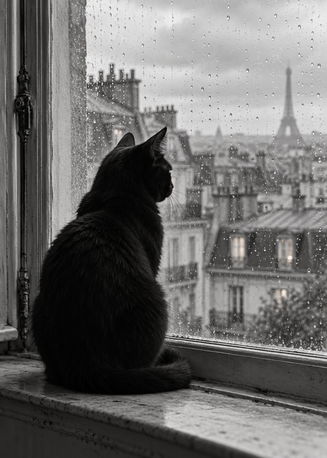 Schwarze Katze am Pariser Fenster – Schwarz-Weiß-Wandbild.
