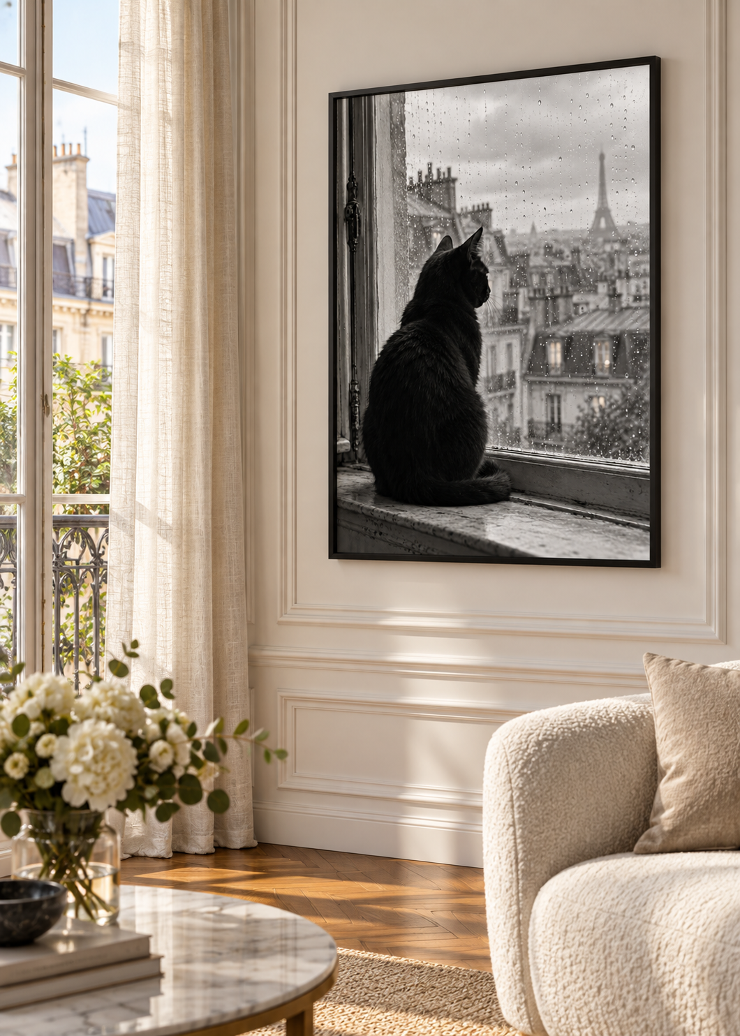 Schwarze Katze am Pariser Fenster – Schwarz-Weiß-Wandbild als Produktansicht.