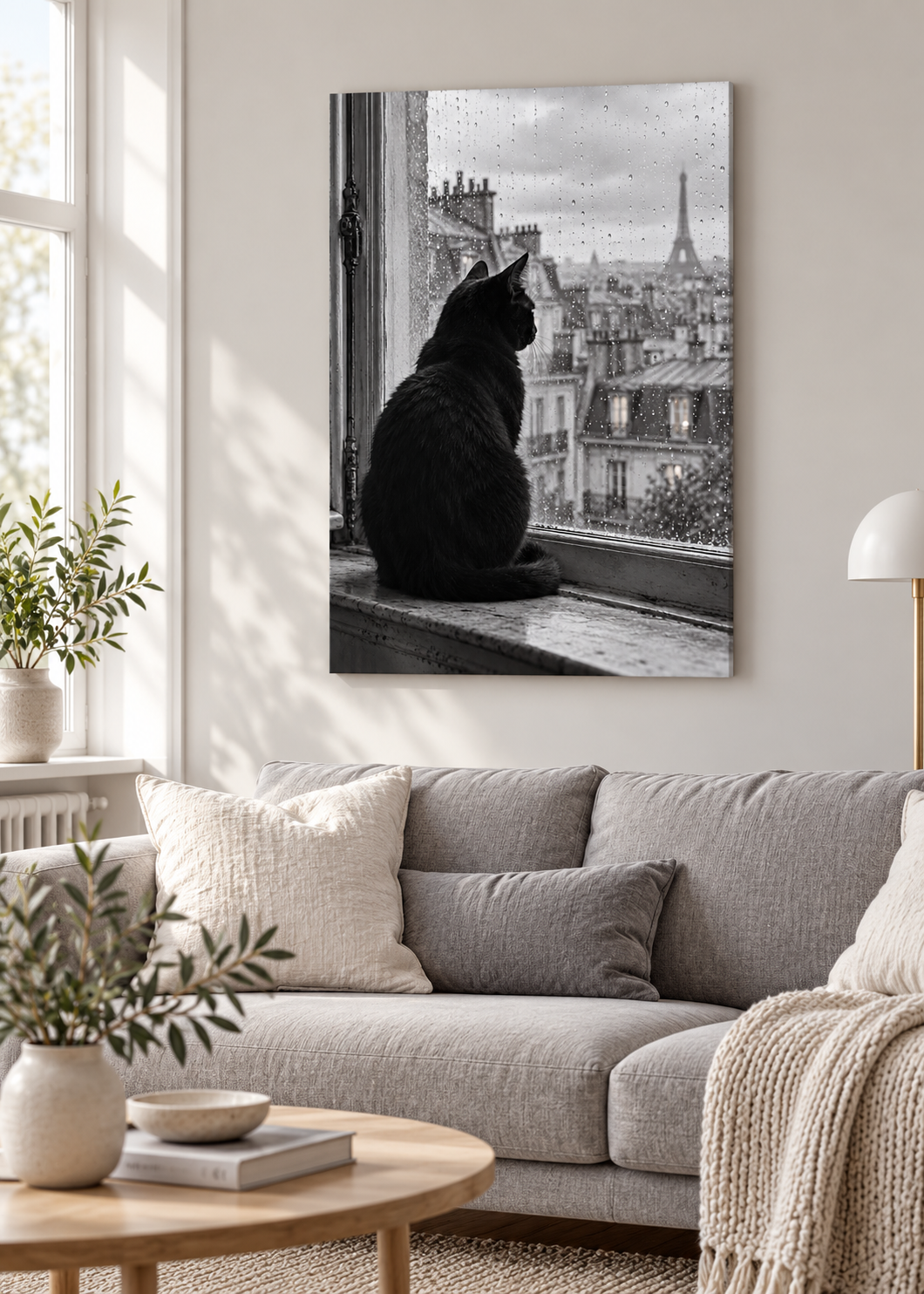 Schwarze Katze am Pariser Fenster – Schwarz-Weiß-Wandbild als Produktansicht.