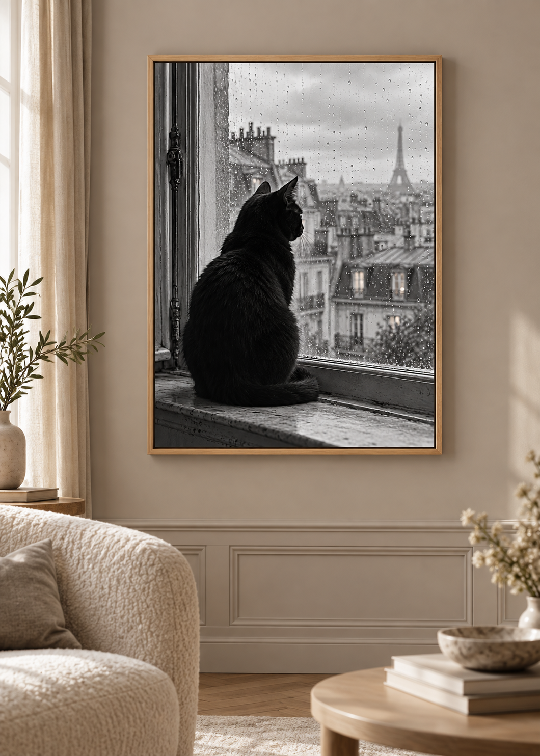 Schwarze Katze am Pariser Fenster – Schwarz-Weiß-Wandbild als Produktansicht.