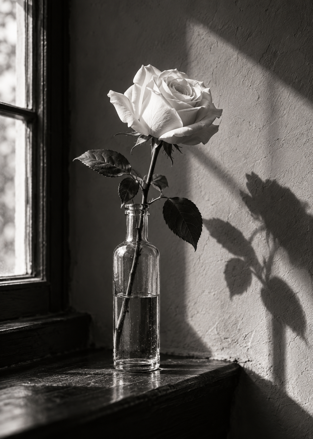 Weiße Rose im Fensterlicht – Schwarz-Weiß-Wandbild.