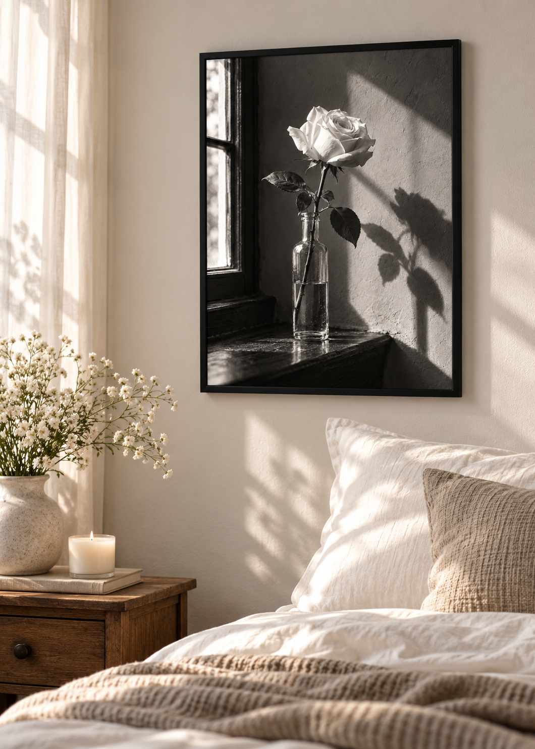 Weiße Rose im Fensterlicht – Schwarz-Weiß-Wandbild als Produktansicht.
