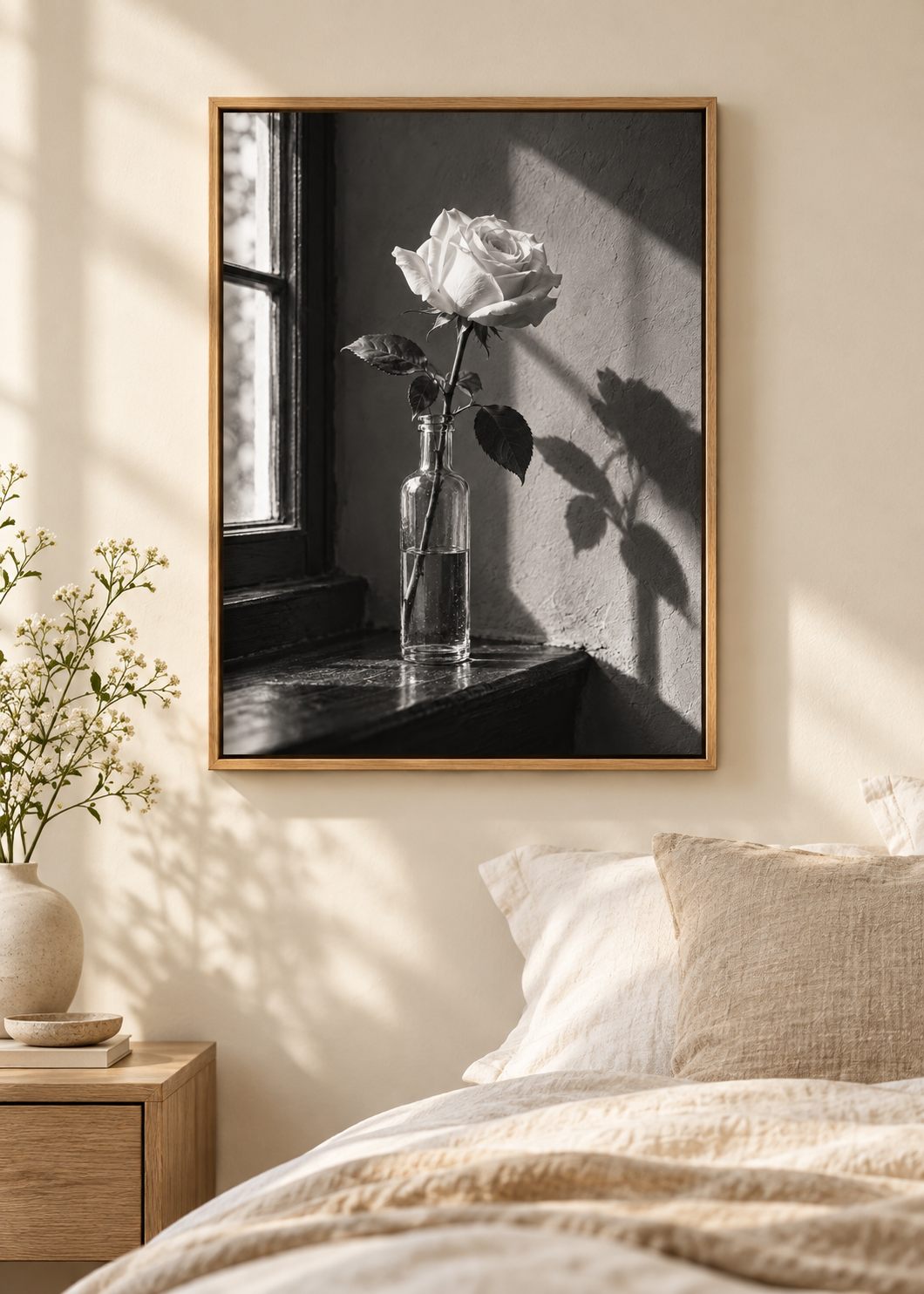 Weiße Rose im Fensterlicht – Schwarz-Weiß-Wandbild als Produktansicht.