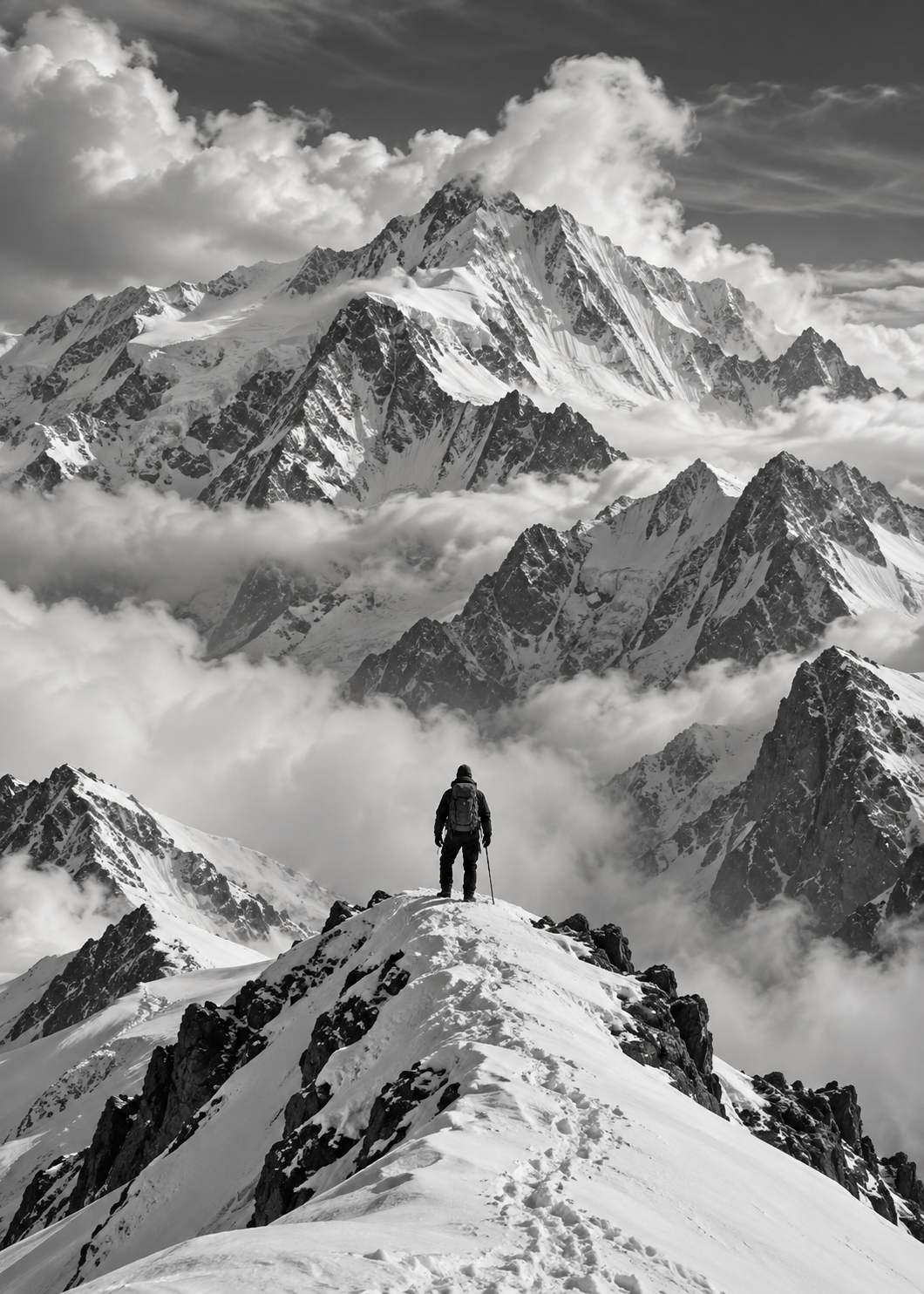 Allein unter den Alpengipfeln – Schwarz-Weiß-Wandbild.