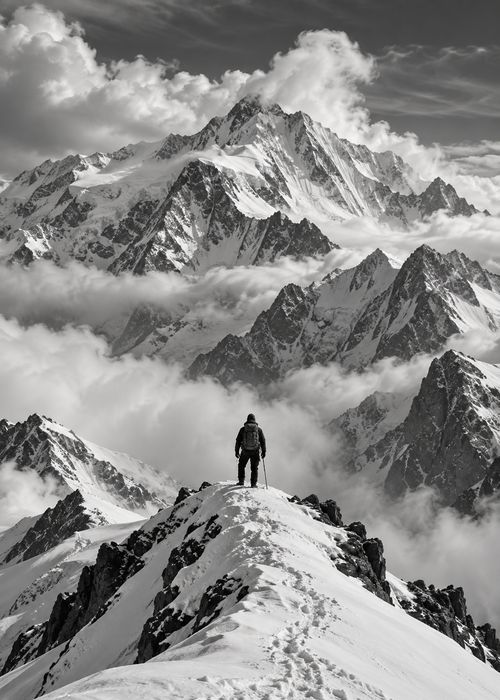 Allein unter den Alpengipfeln – Schwarz-Weiß-Wandbild.