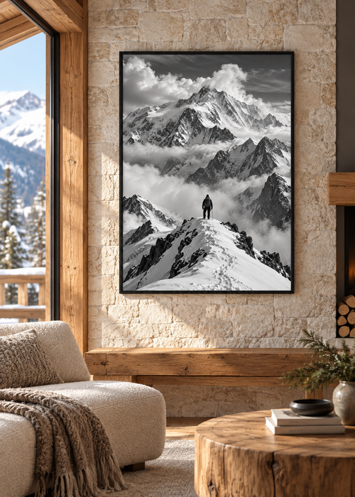 Allein unter den Alpengipfeln – Schwarz-Weiß-Wandbild als Produktansicht.