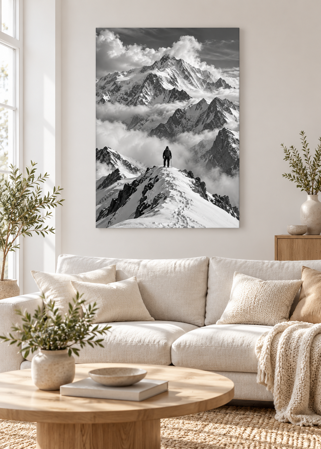 Allein unter den Alpengipfeln – Schwarz-Weiß-Wandbild als Produktansicht.