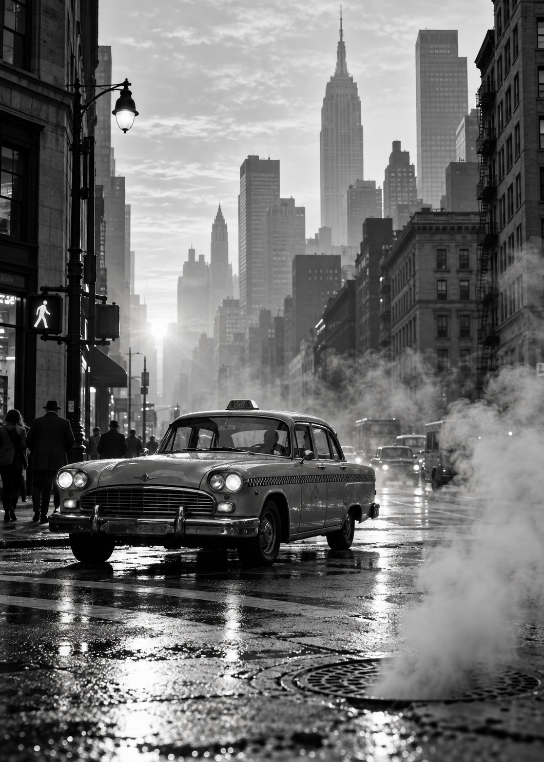Vintage-Taxi im New Yorker Dunst – Schwarz-Weiß-Wandbild.