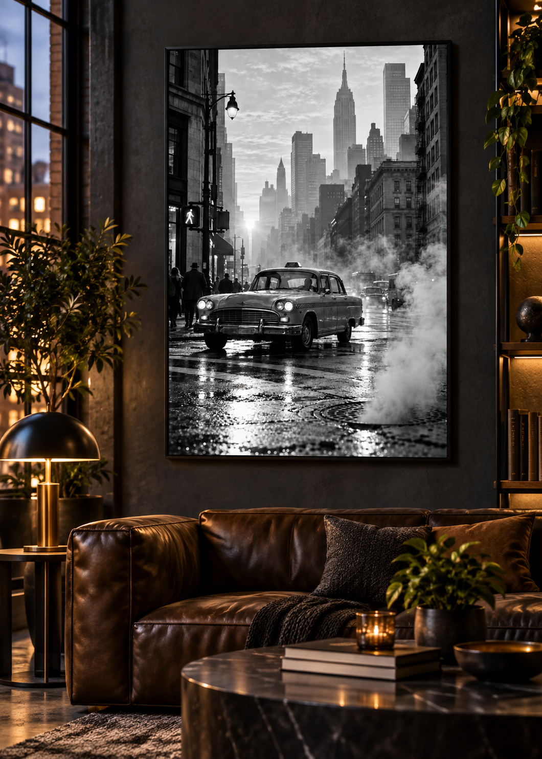 Vintage-Taxi im New Yorker Dunst – Schwarz-Weiß-Wandbild als Produktansicht.