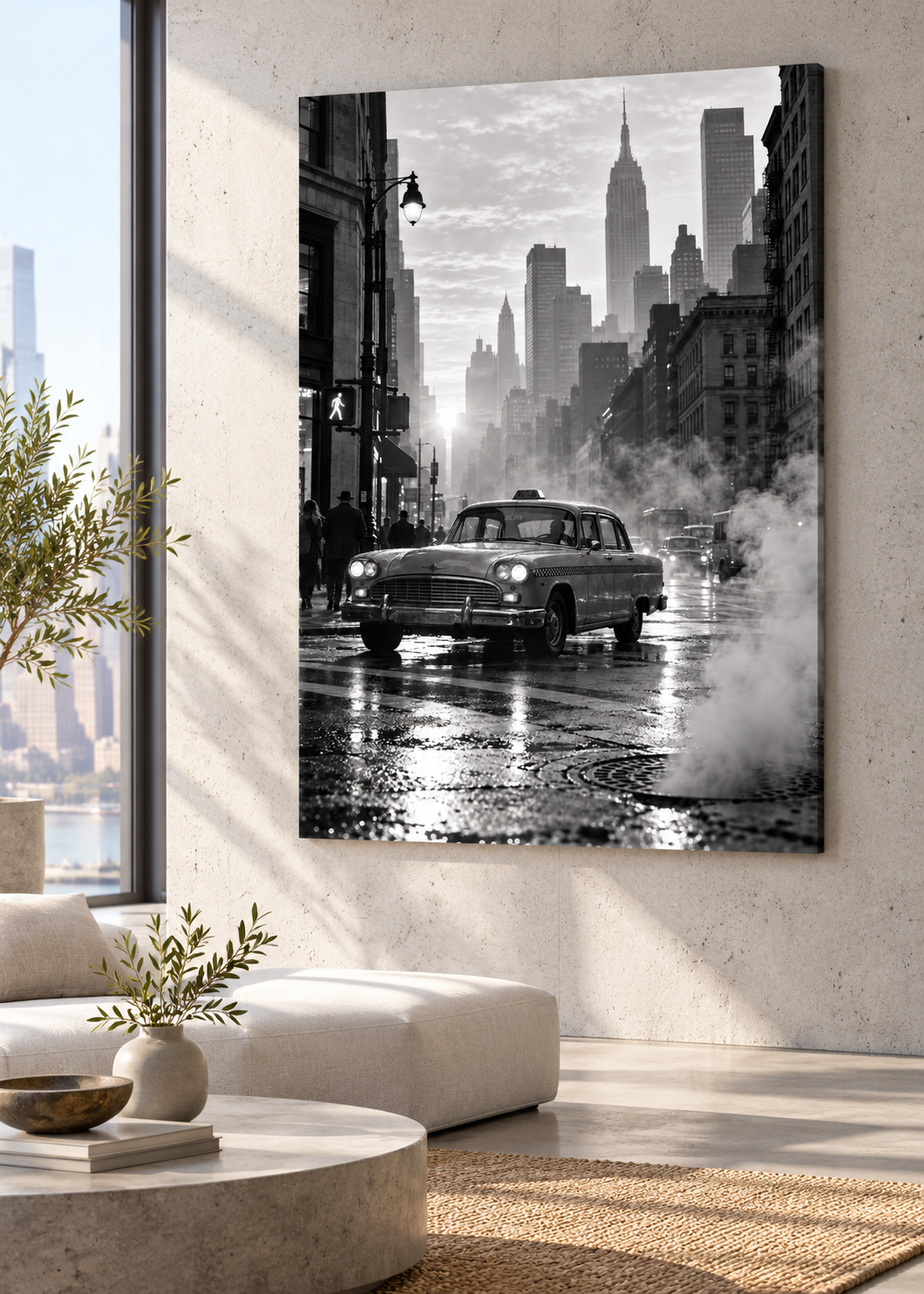 Vintage-Taxi im New Yorker Dunst – Schwarz-Weiß-Wandbild als Produktansicht.