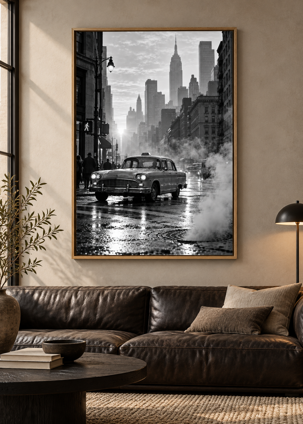 Vintage-Taxi im New Yorker Dunst – Schwarz-Weiß-Wandbild als Produktansicht.