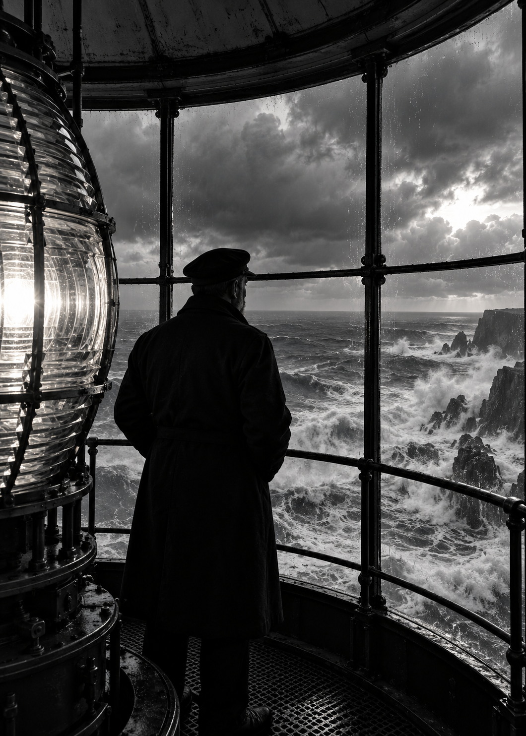 Silhouette des Leuchtturmwärters im Sturm – Schwarz-Weiß-Wandbild.