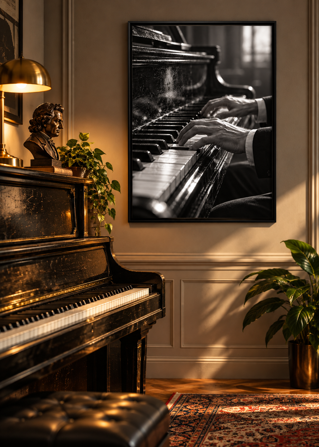Pianistenhände über alten Klaviertasten – Schwarz-Weiß-Wandbild als Produktansicht.