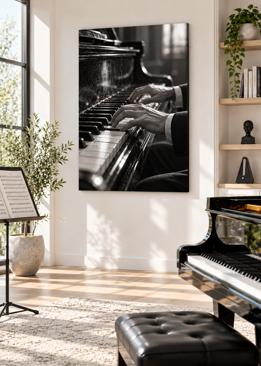 Pianistenhände über alten Klaviertasten – Schwarz-Weiß-Wandbild als Produktansicht.