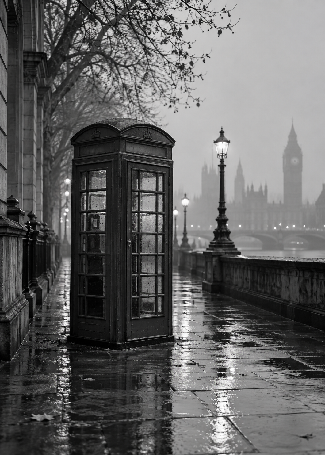 Telefonzelle im Londoner Nebel – Schwarz-Weiß-Wandbild.