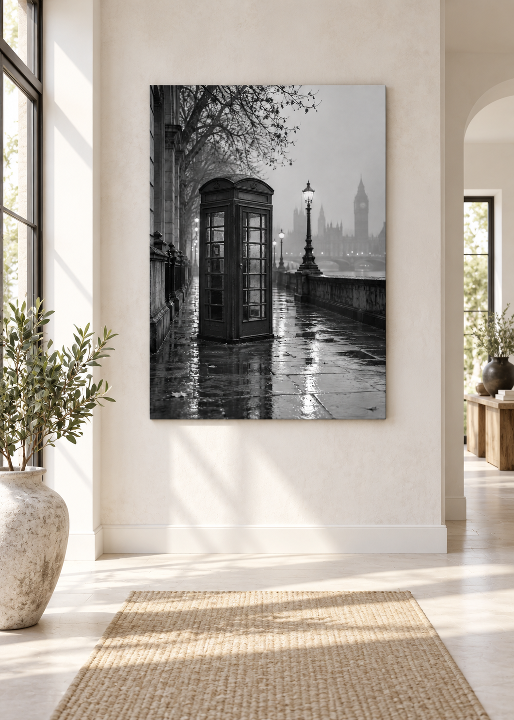 Telefonzelle im Londoner Nebel – Schwarz-Weiß-Wandbild als Produktansicht.