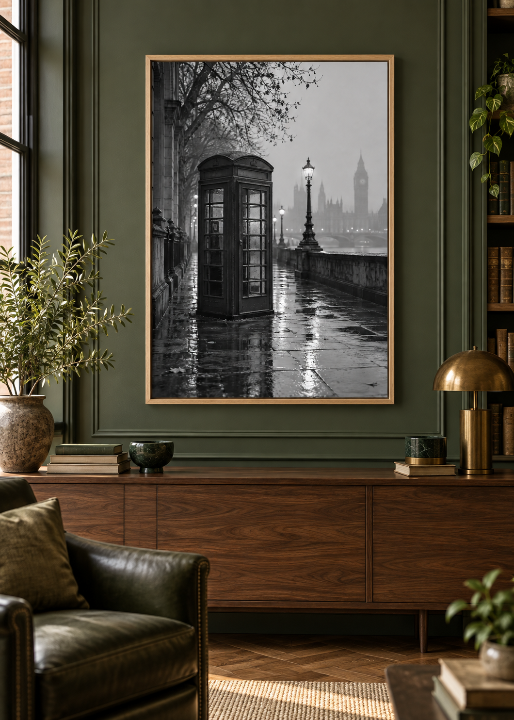 Telefonzelle im Londoner Nebel – Schwarz-Weiß-Wandbild als Produktansicht.