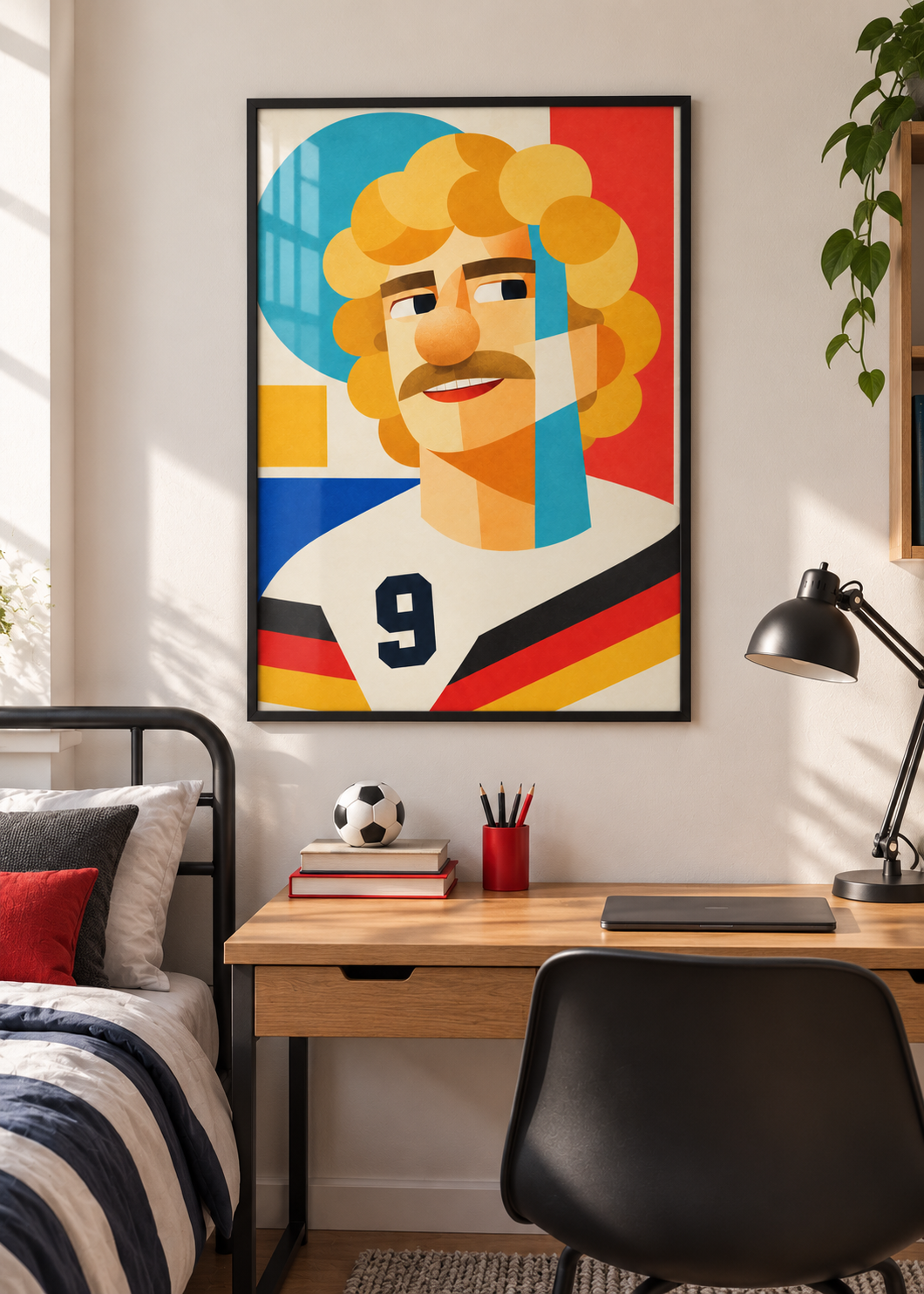 Rudi Völler: Poster im schwarzen Rahmen mit Plexiglas-Optik im Jugendzimmer