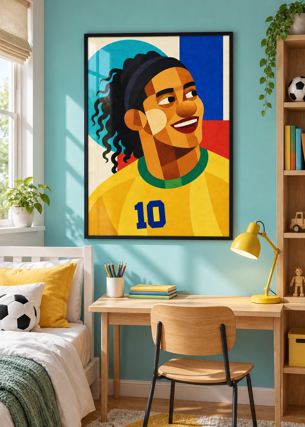 Ronaldinho: Poster im schwarzen Rahmen mit Plexiglas-Optik im Jugendzimmer