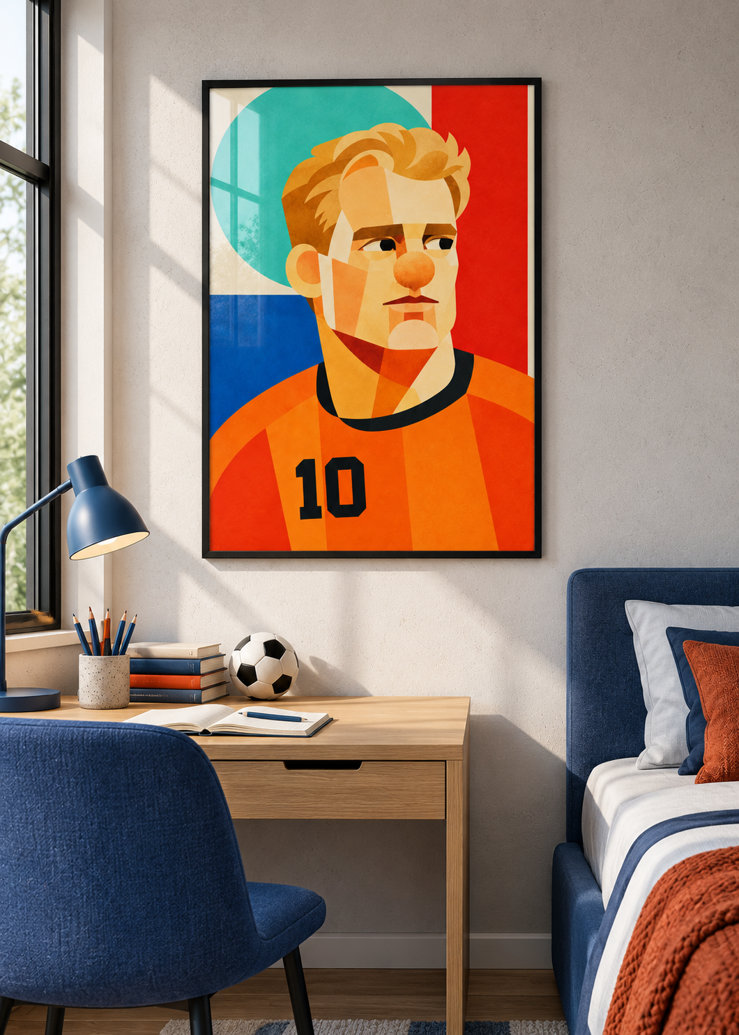 Dennis Bergkamp: Poster im schwarzen Rahmen mit Plexiglas-Optik im Jugendzimmer