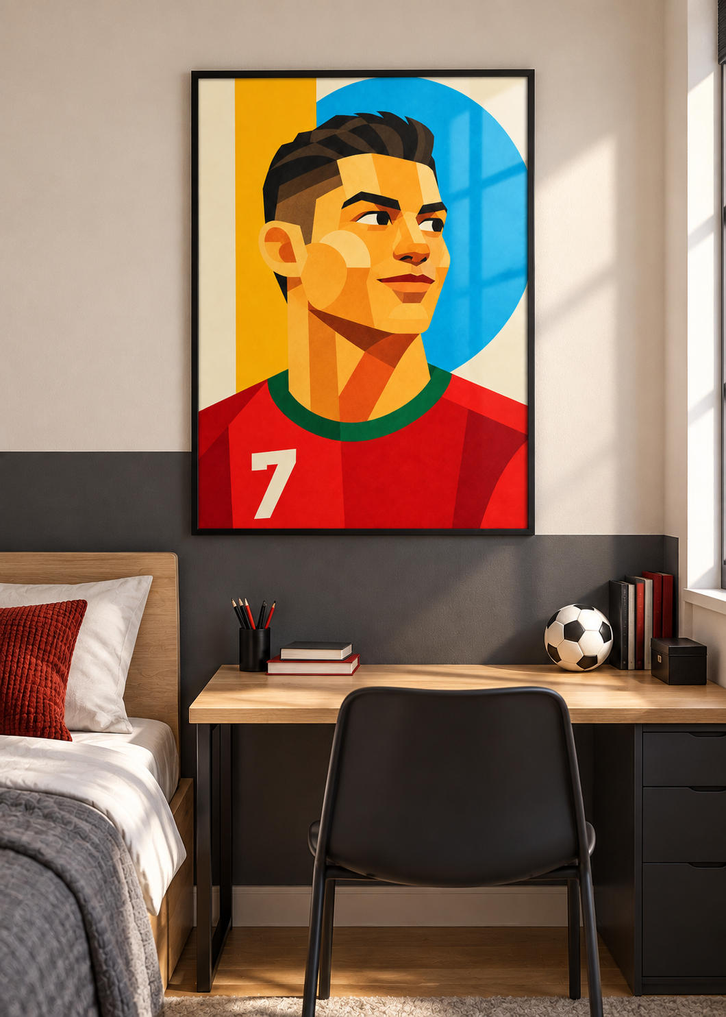 Cristiano Ronaldo: Poster im schwarzen Rahmen mit Plexiglas-Optik im Jugendzimmer