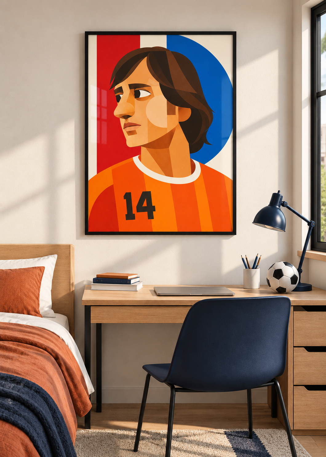 Johan Cruyff: Poster im schwarzen Rahmen mit Plexiglas-Optik im Jugendzimmer