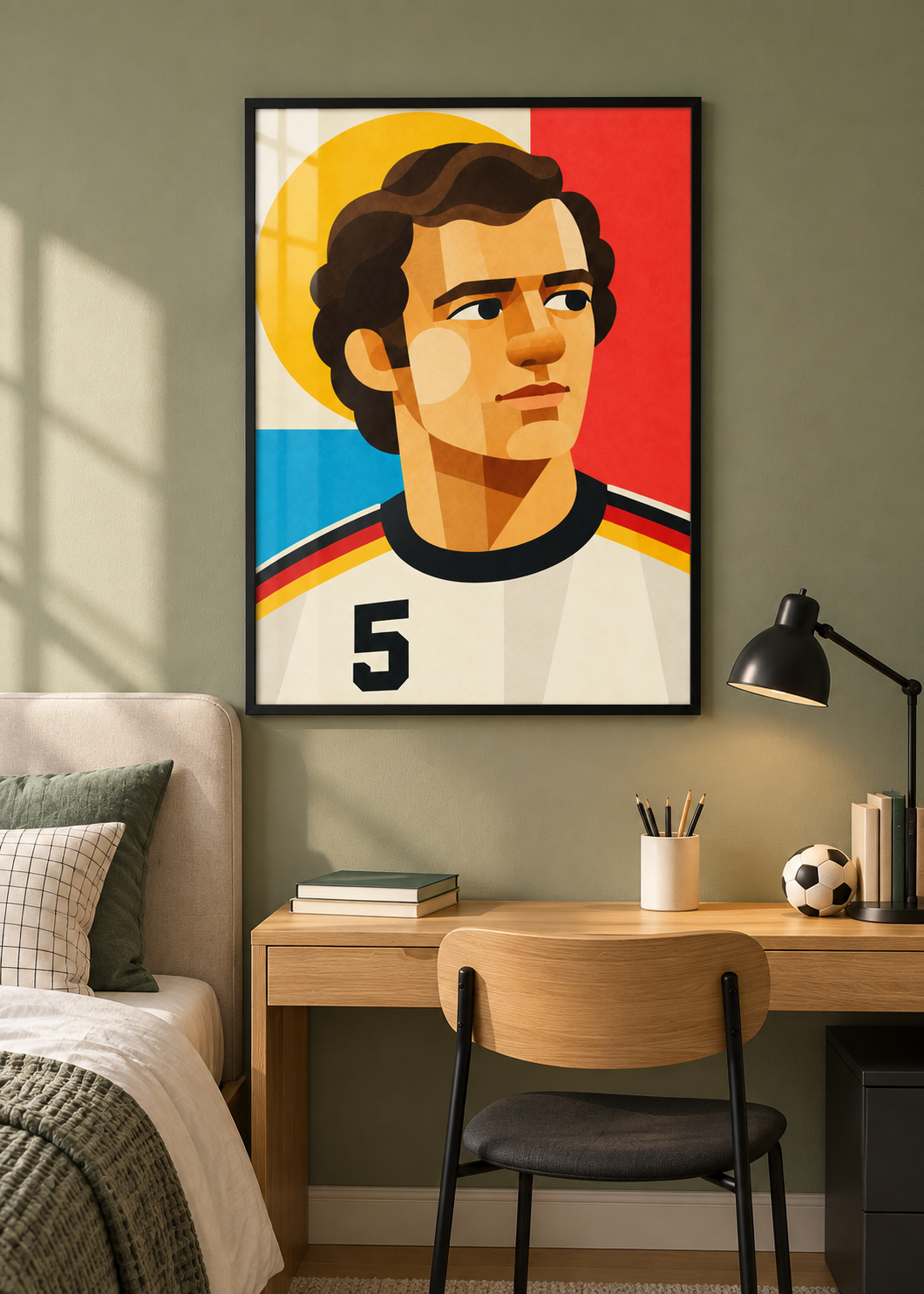 Franz Beckenbauer: Poster im schwarzen Rahmen mit Plexiglas-Optik im Jugendzimmer