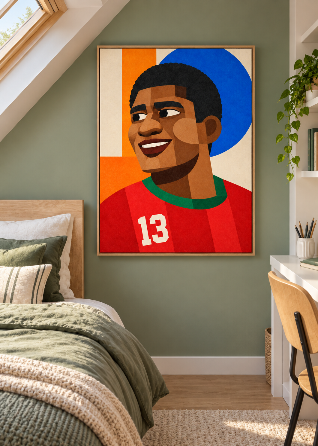 Eusébio: Leinwand mit Naturholzrahmen im Kinder- oder Jugendzimmer