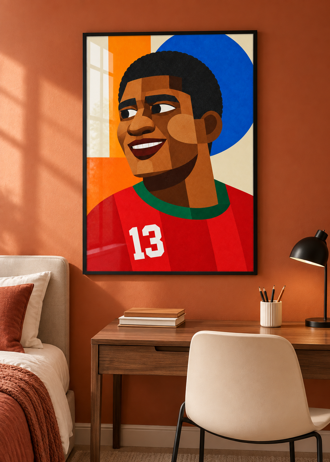 Eusébio: Poster im schwarzen Rahmen mit Plexiglas-Optik im Jugendzimmer