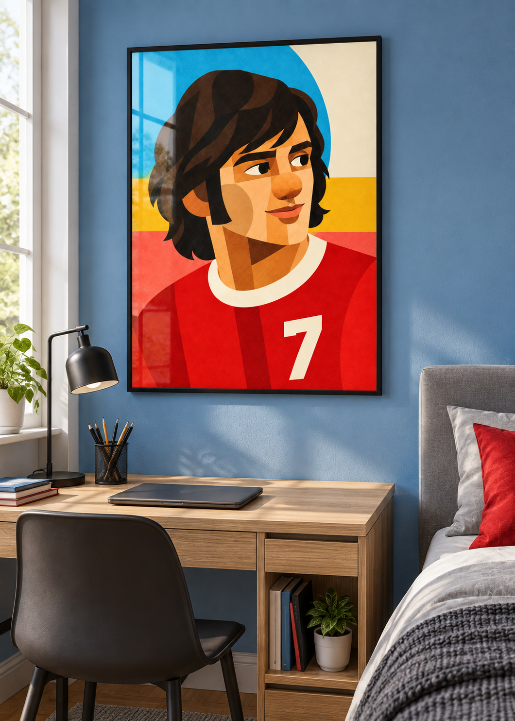 George Best: Poster im schwarzen Rahmen mit Plexiglas-Optik im Jugendzimmer