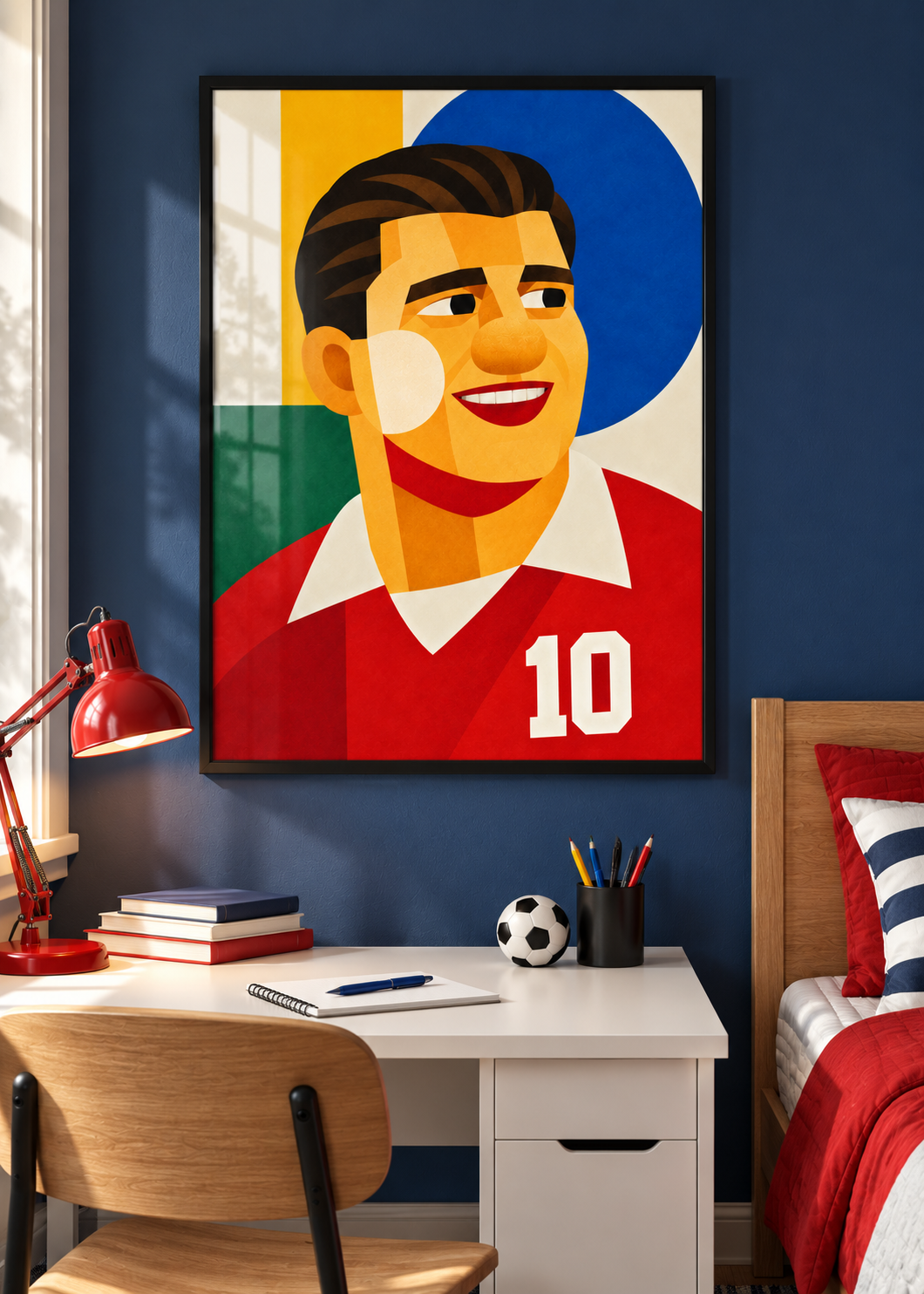 Ferenc Puskás: Poster im schwarzen Rahmen mit Plexiglas-Optik im Jugendzimmer