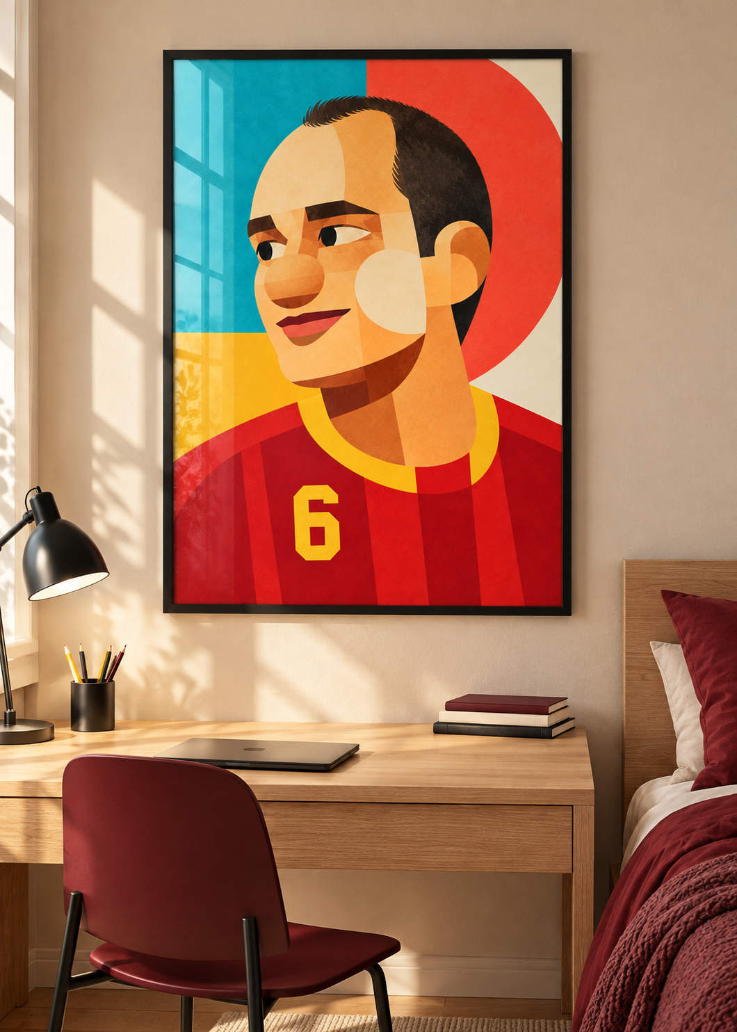 Andrés Iniesta: Poster im schwarzen Rahmen mit Plexiglas-Optik im Jugendzimmer
