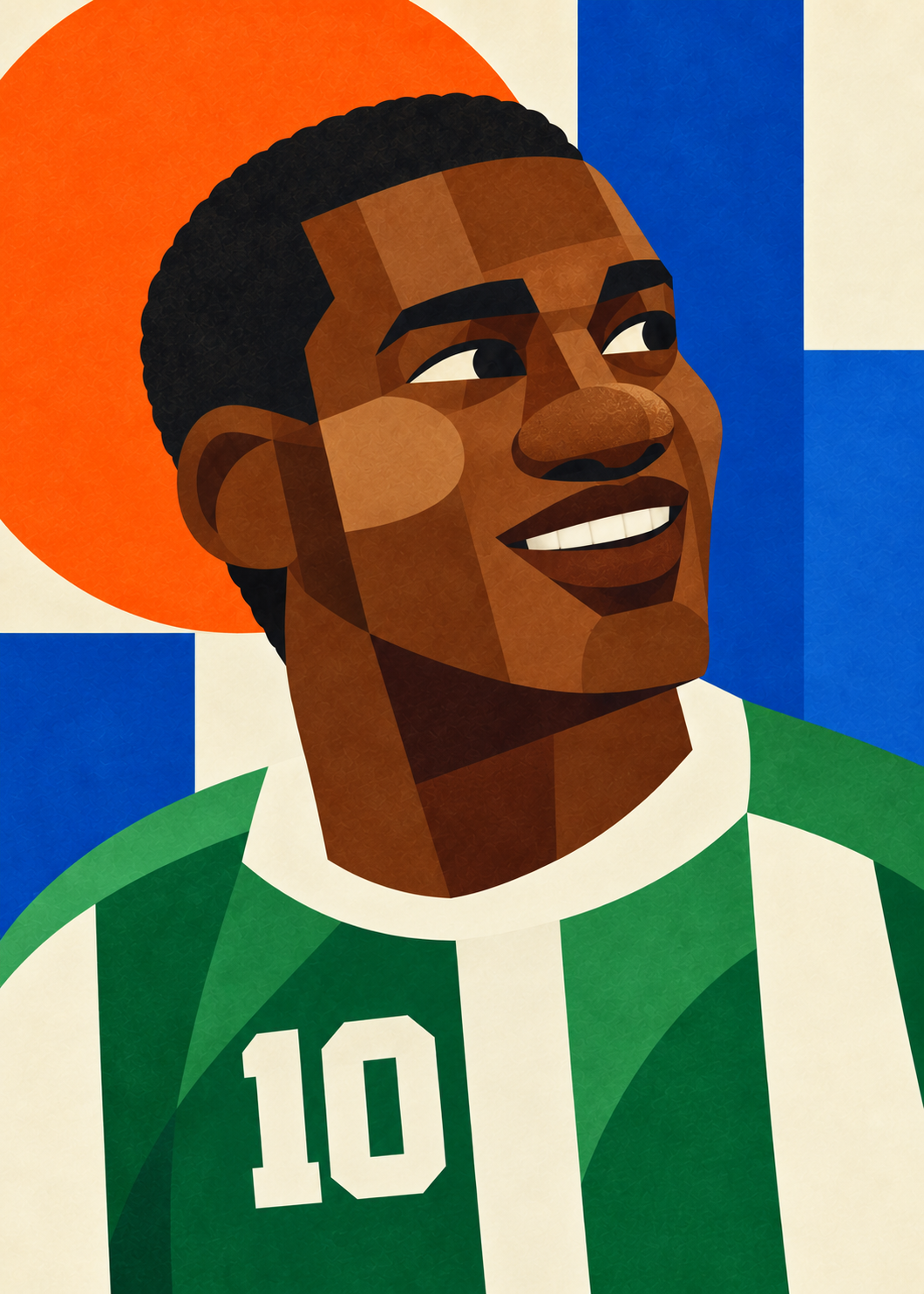 Jay-Jay Okocha: farbenfrohes geometrisches Fußballporträt