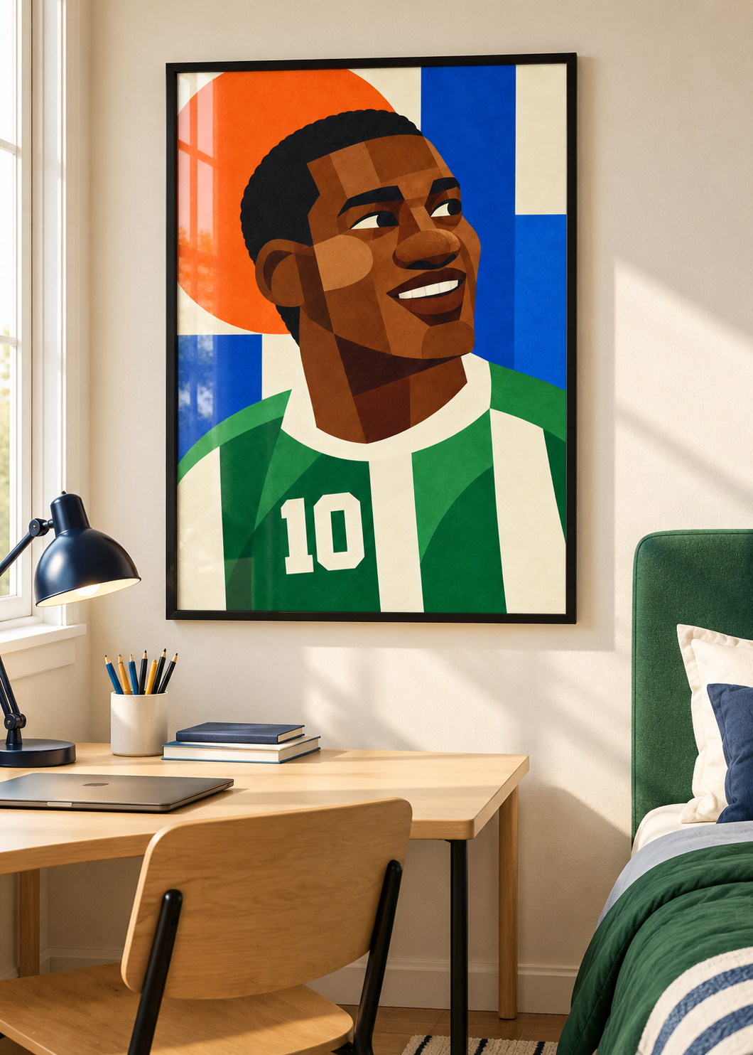 Jay-Jay Okocha: Poster im schwarzen Rahmen mit Plexiglas-Optik im Jugendzimmer