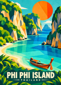 Phi Phi Islands in Thailand – geometrische Illustration mit türkisfarbener Bucht und Longtail-Boot