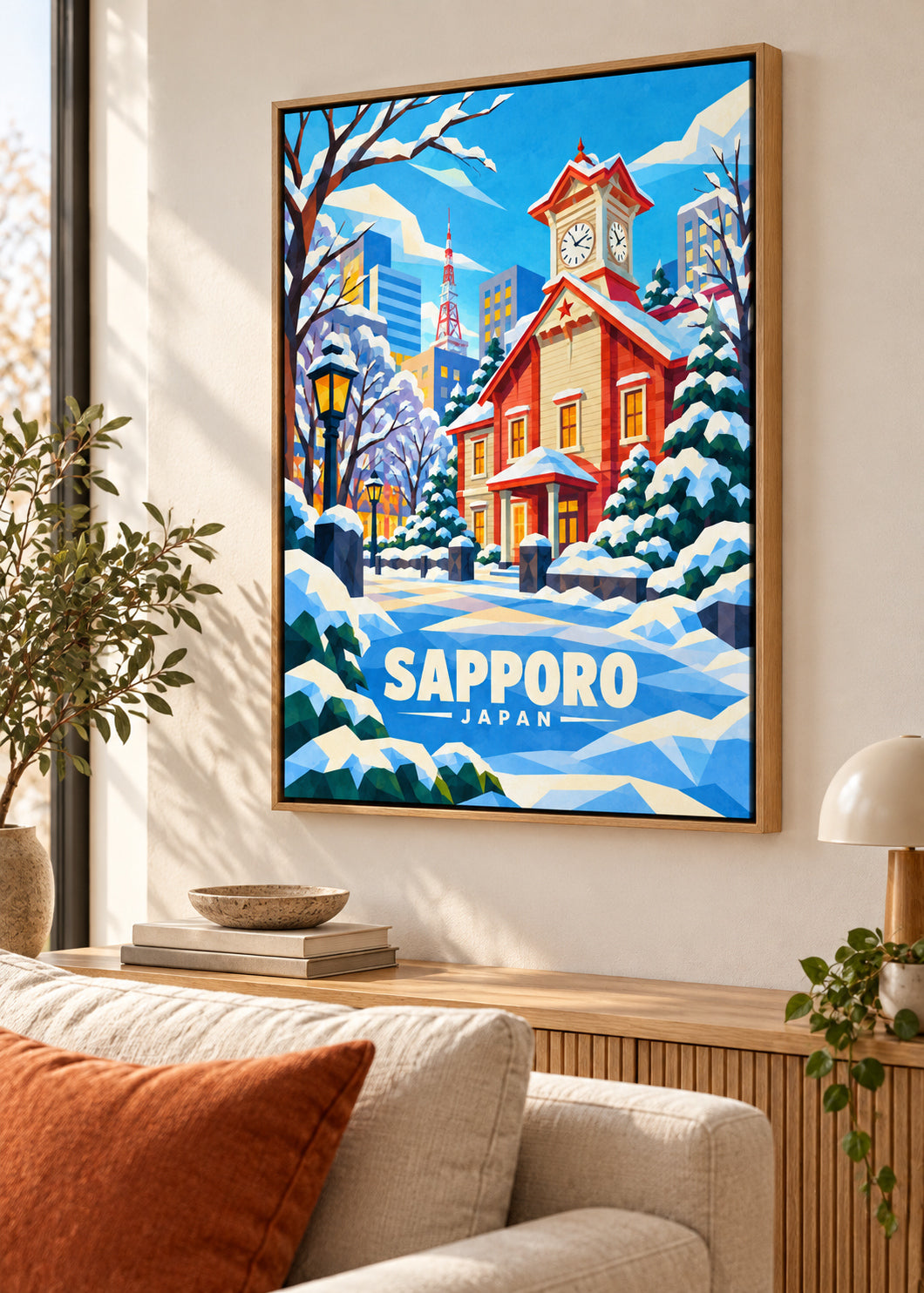 Sapporo, Japan – Mockup als Leinwand im Naturholzrahmen
