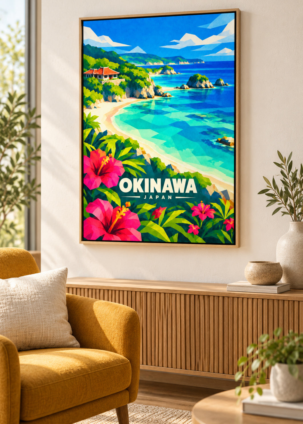 Okinawa, Japan – Mockup als Leinwand im Naturholzrahmen