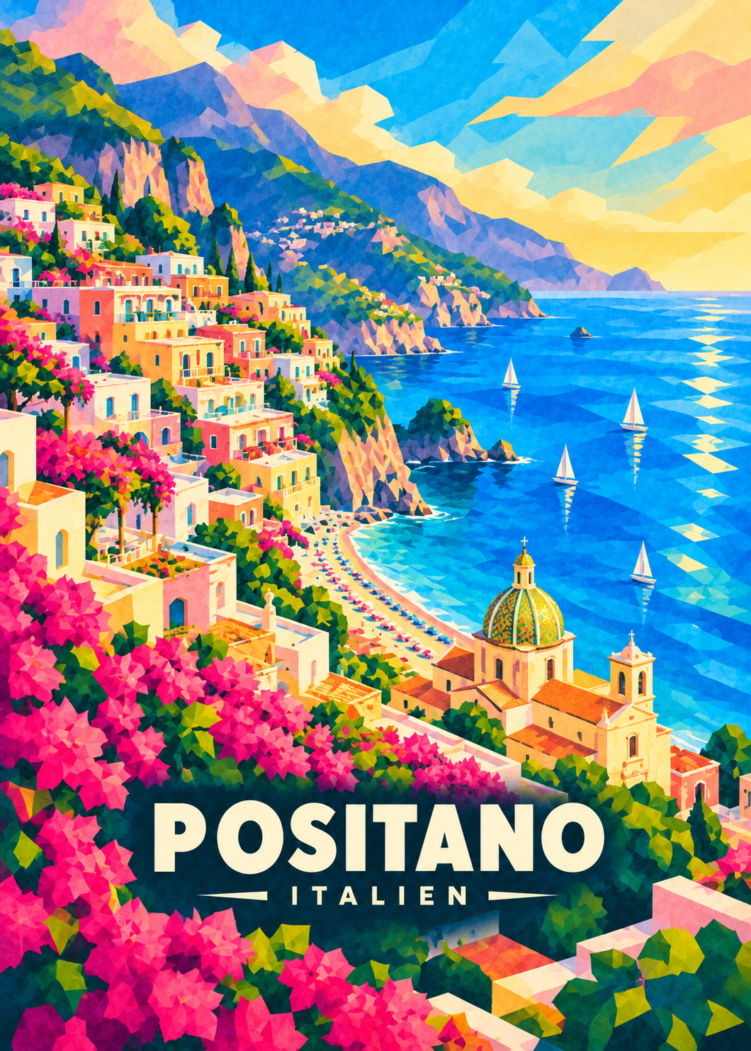 Positano – Geometrische Ortsillustration mit Ortsname und Landesname