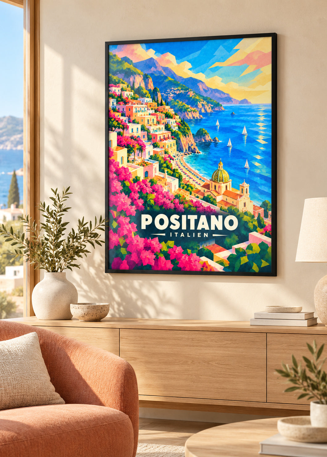 Positano – Poster im schwarzen Rahmen mit klarer Acrylverglasung