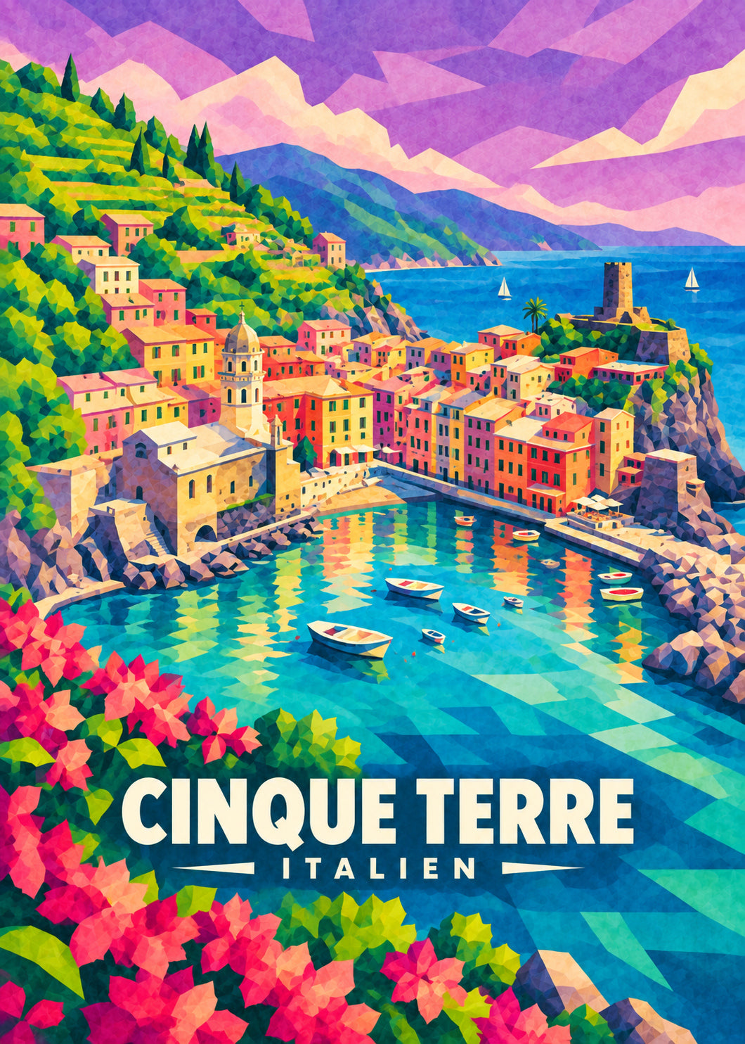 Cinque Terre – Geometrische Ortsillustration mit Ortsname und Landesname