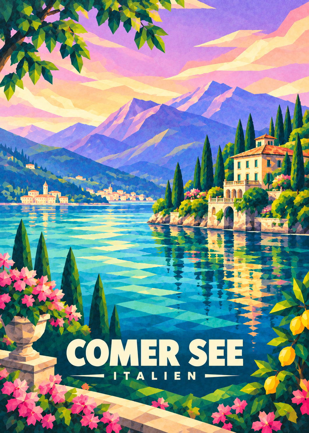 Comer See – Geometrische Ortsillustration mit Ortsname und Landesname