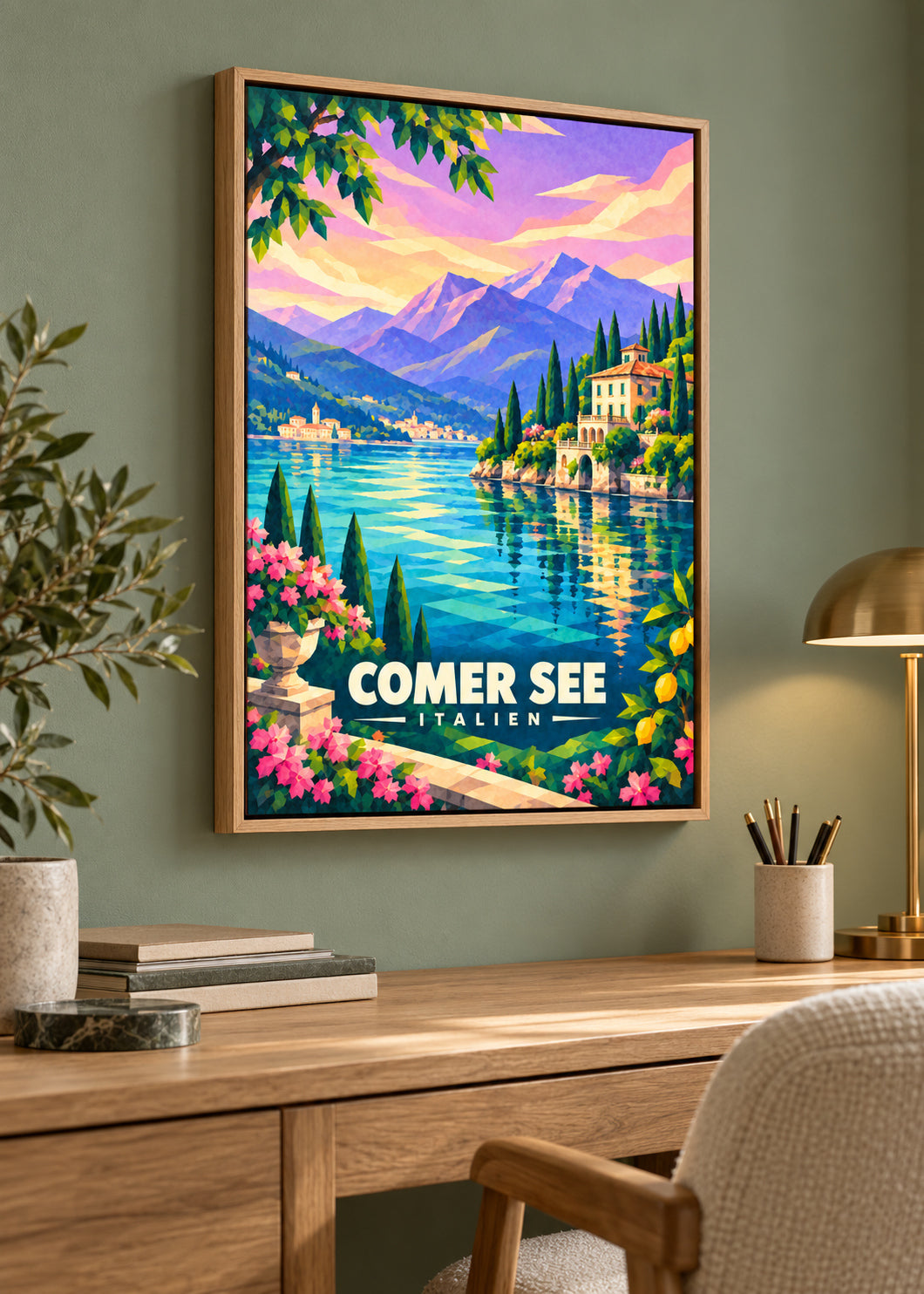 Comer See – Leinwand im Naturholz-Schattenfugenrahmen
