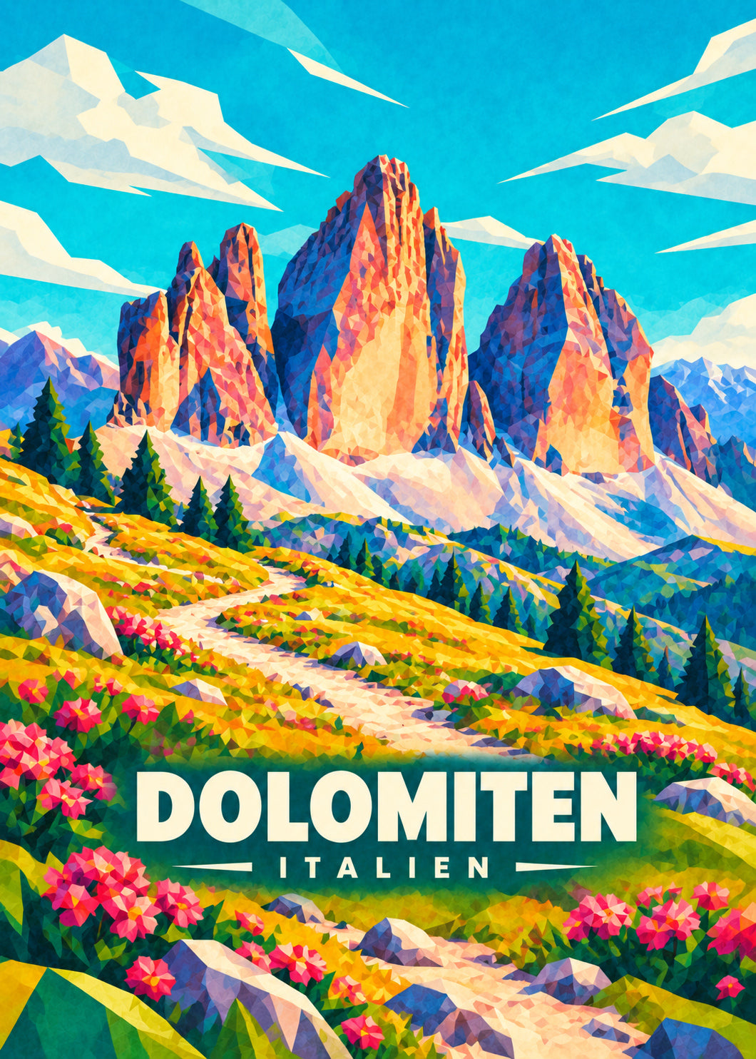 Dolomiten – Geometrische Ortsillustration mit Ortsname und Landesname